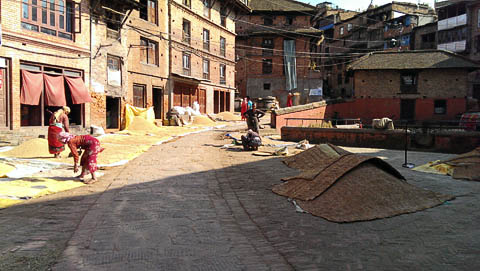 Drying rice on the streets of Bhaktapur