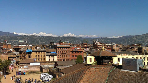 The Himalaya seen from a rooftop in Bhaktapur