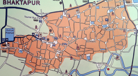 Map of Bhaktapur, Nepal, showing medieval street arrangement